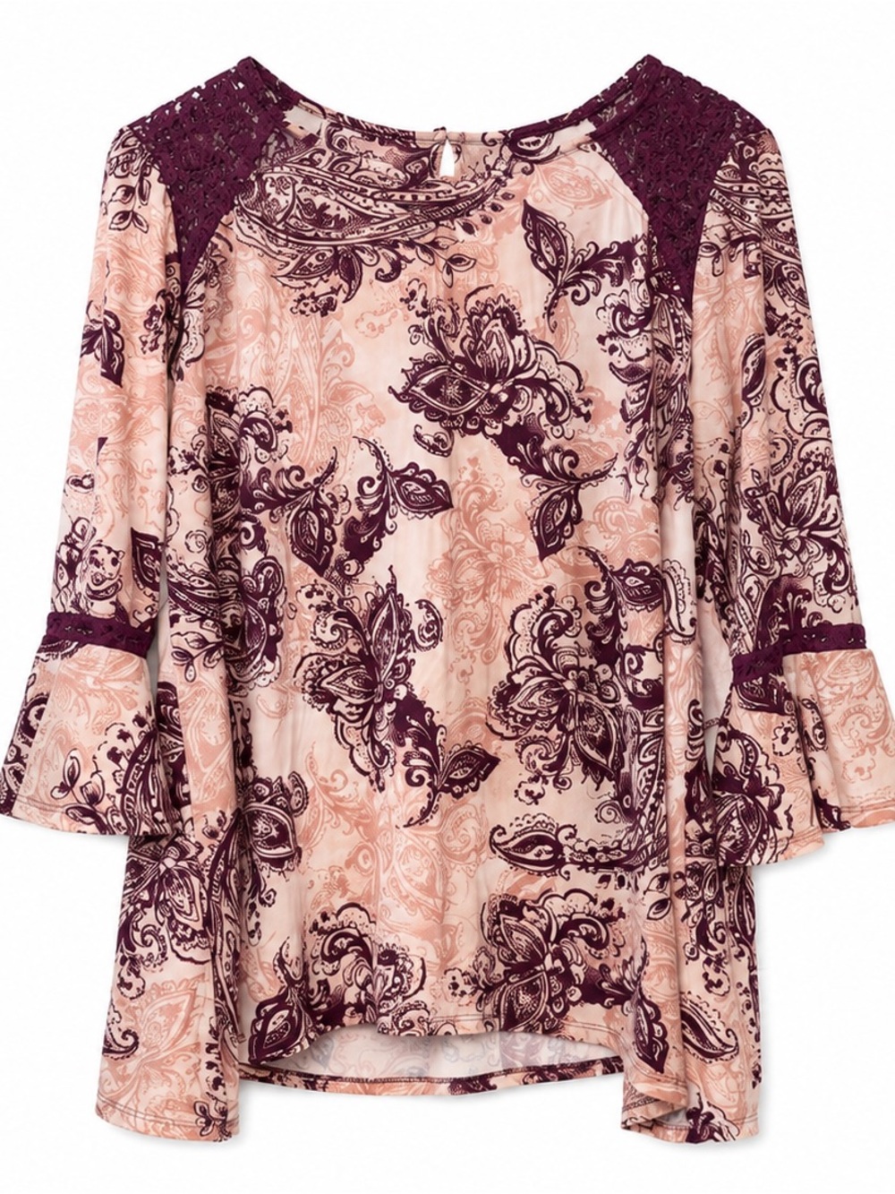 Lee XL Paisley Boho Tunic Blouse Burgundy Lace Bell Sleeve Top